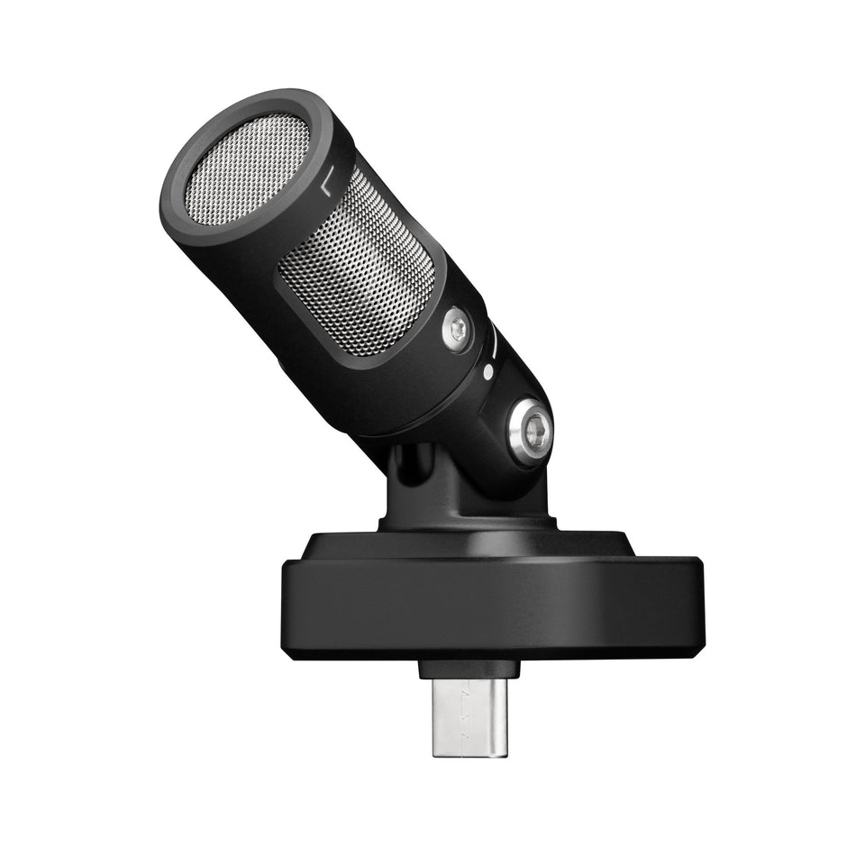 Shure MV88 USB-C stereo condenser microphone angled on its USB-C connector