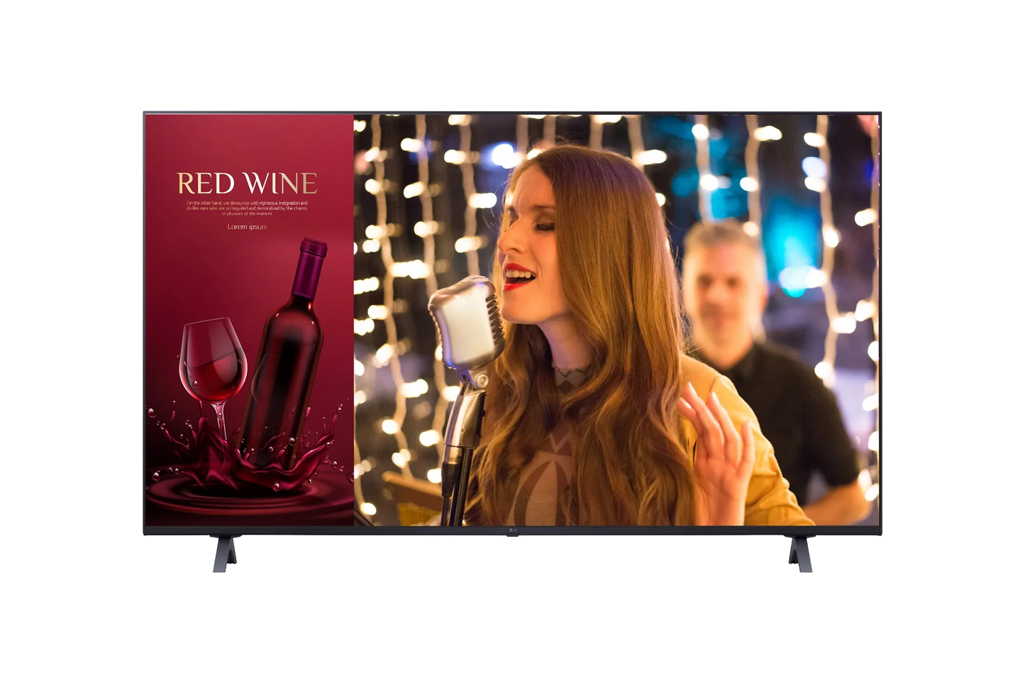 UHD Signage TV displaying vibrant red wine ad and live concert scene