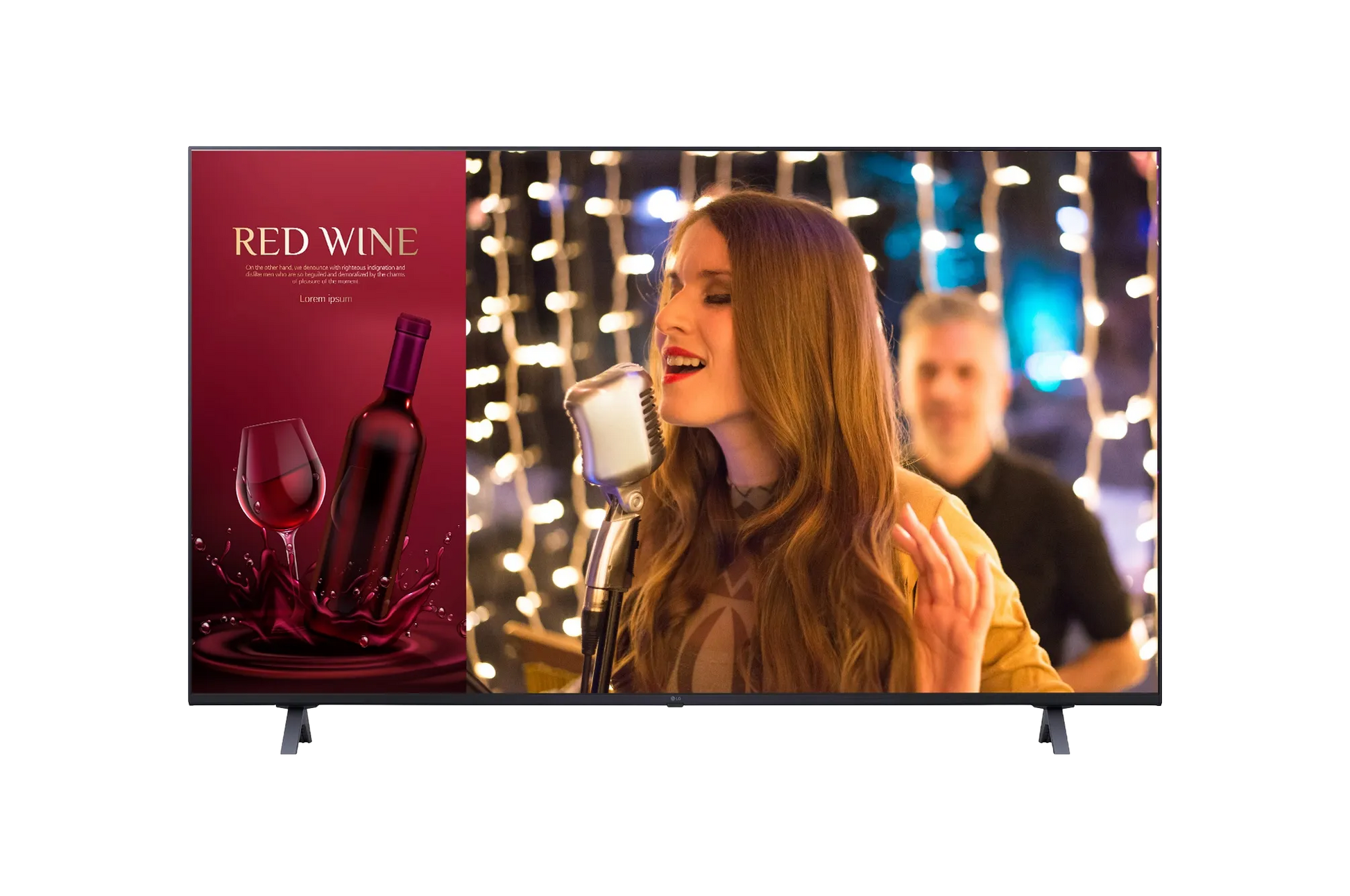UHD Signage TV displaying vibrant red wine ad and live concert scene