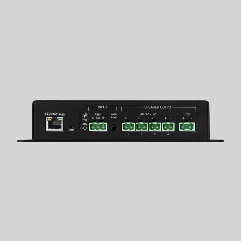 Shure MXN-AMP front panel with Dante PoE port and speaker outputs