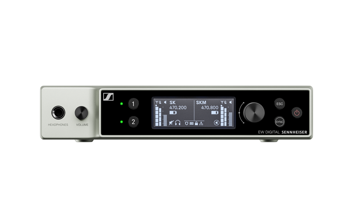 Sennheiser EW-DX EM 2 two-channel receiver front panel with OLED displays