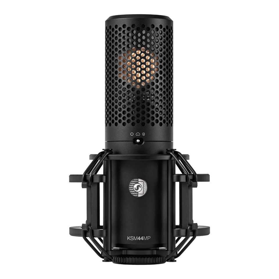 Shure KSM44MP multi-pattern condenser microphone in shock mount, front view