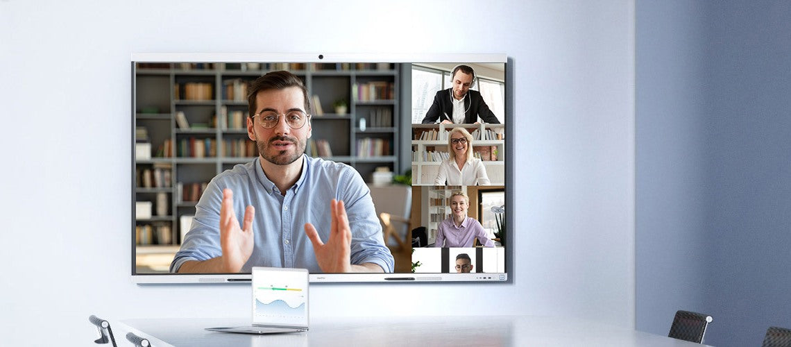 Huawei IdeaHub display showing a video call in a meeting room