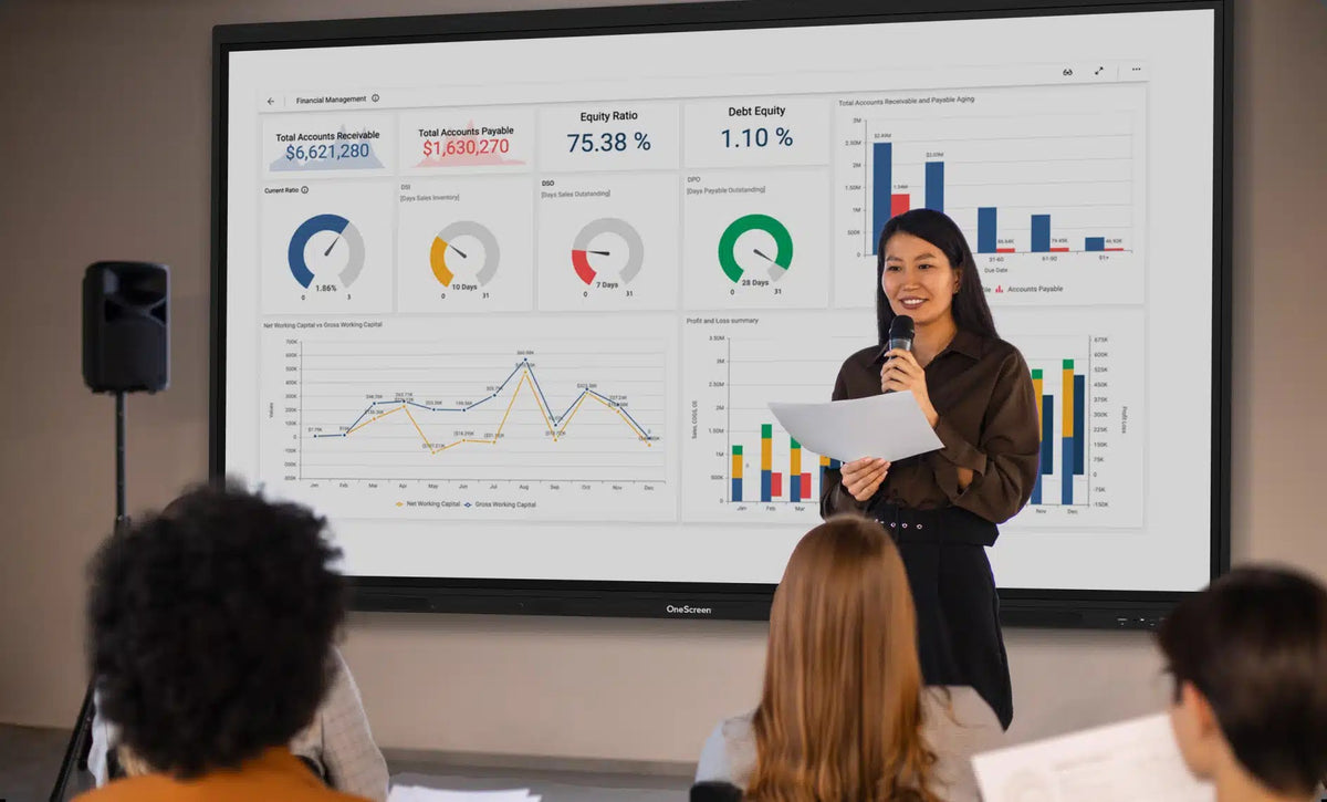 Presenter showing business charts on a OneScreen interactive display to a seated audience