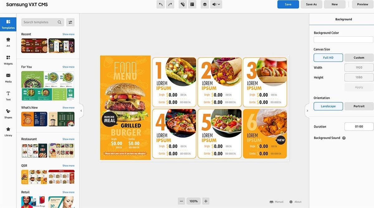 Samsung VXT CMS editor with a restaurant menu layout for a signage screen