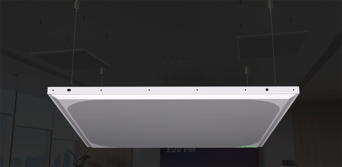 Yealink CM50 ceiling microphone suspended on cables in a meeting room