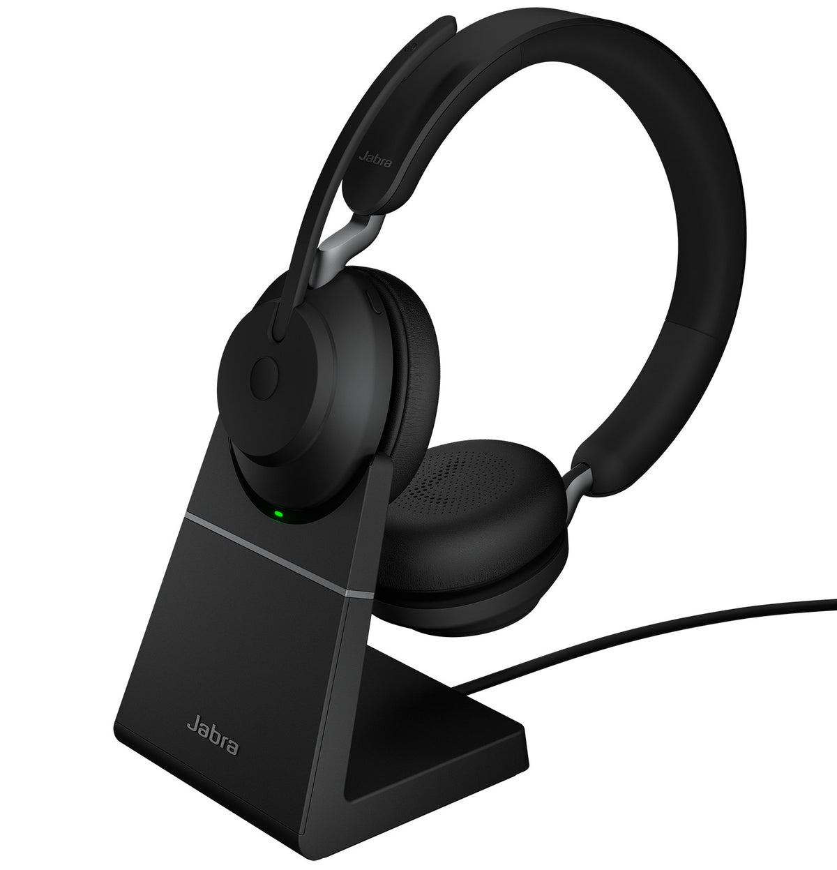 Jabra Evolve2 65 stereo headset on its charging stand