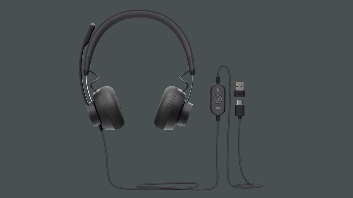 Logitech Zone Wired headset with its USB cable and inline controls