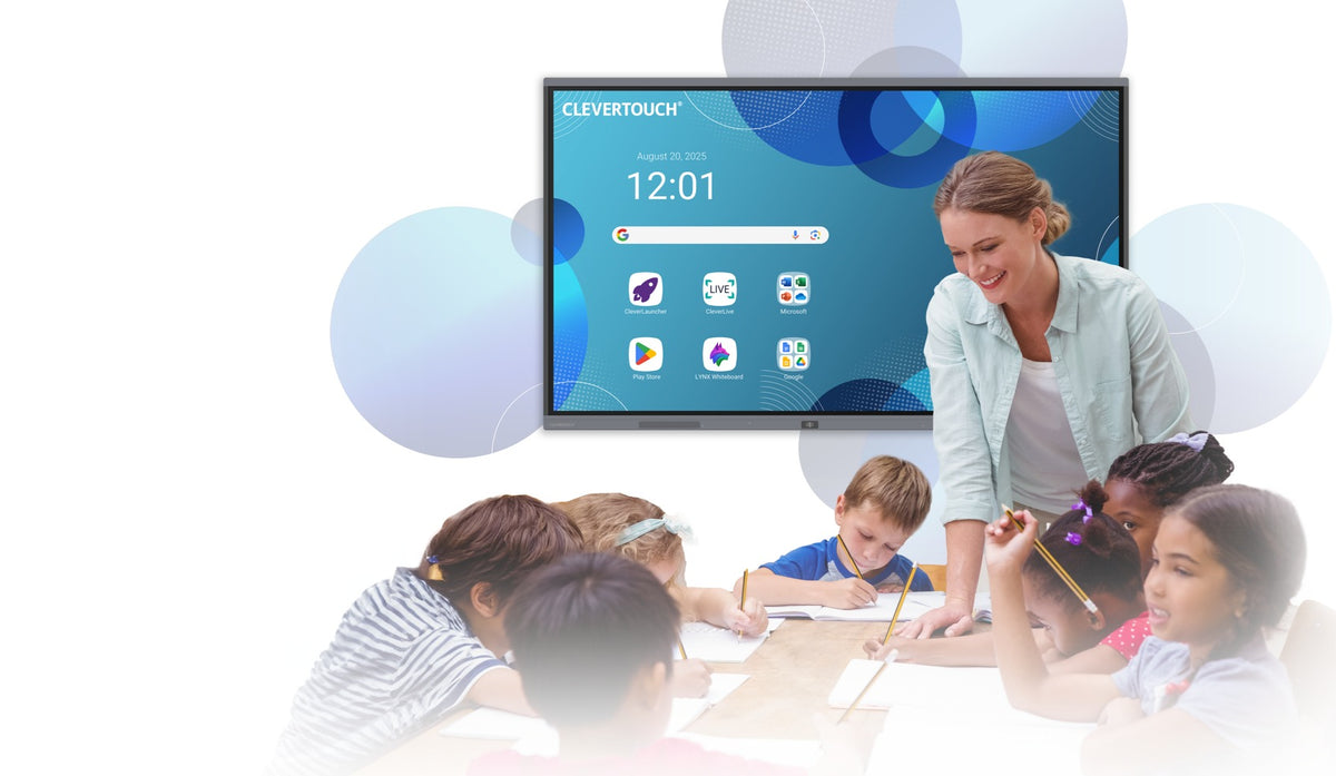 Teacher and pupils in front of a Clevertouch Pro Series 3 display
