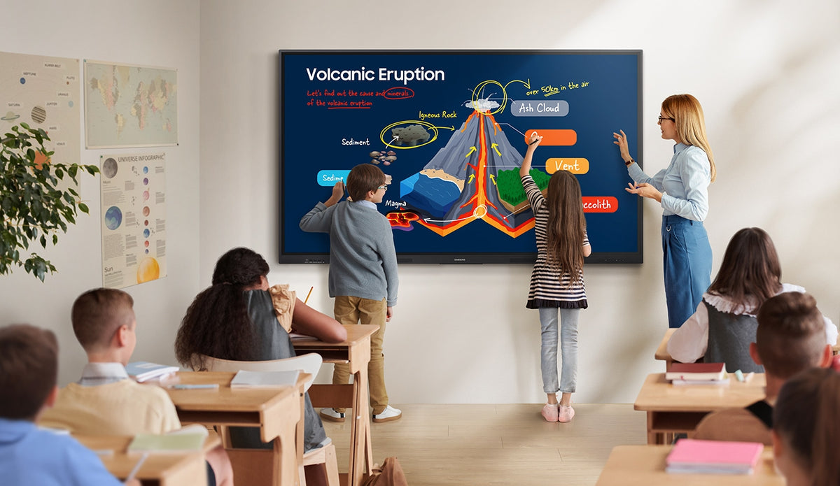 Teacher and students writing on a Samsung WAF interactive display in a classroom