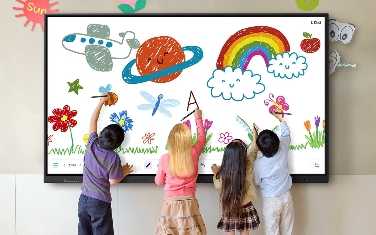 Three children drawing at the same time on a Samsung WAF interactive display