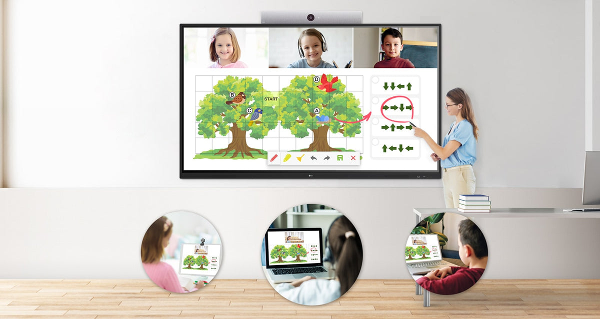 Teacher using an LG TR3DJ interactive digital board with remote students on screen