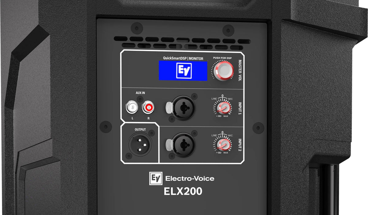 Rear control panel of the Electro-Voice ELX200-12P with QuickSmartDSP display and inputs