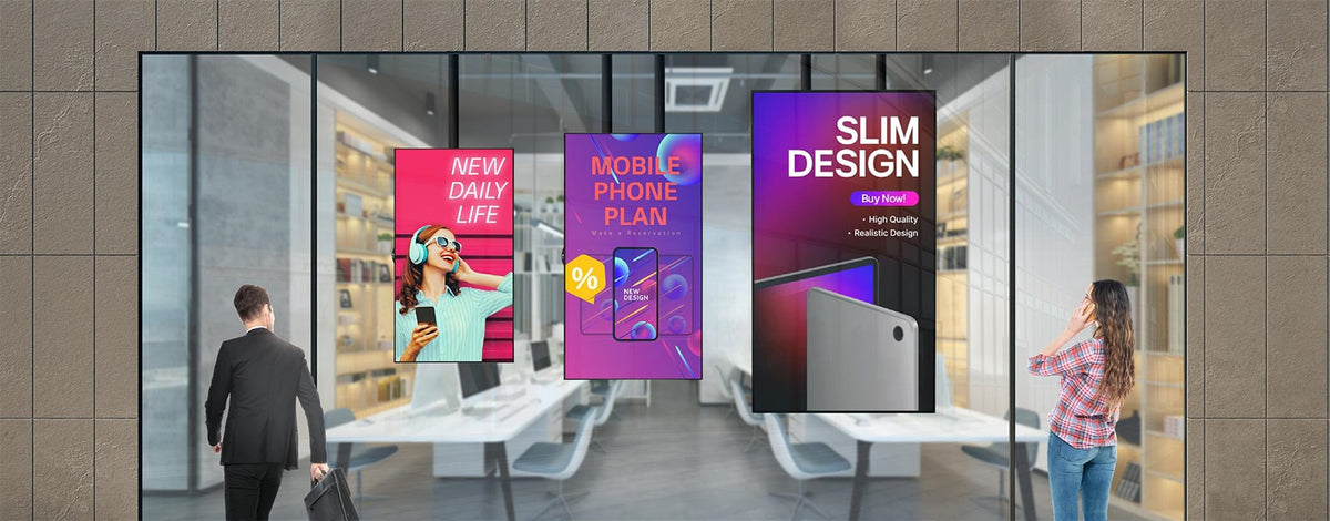 LG window-facing displays in shop windows with people walking past