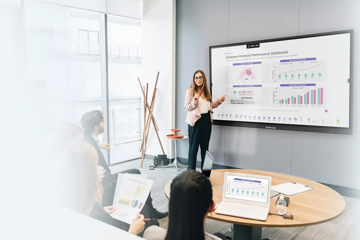 Presenter at a OneScreen TL7 touchscreen in a meeting room