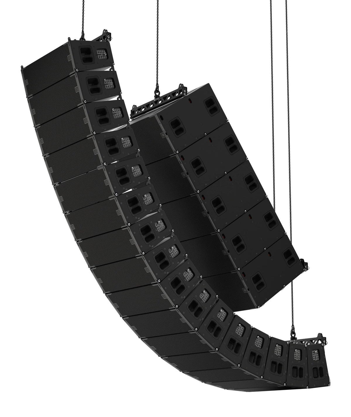 Flown JBL VTX line array loudspeakers hanging from rigging