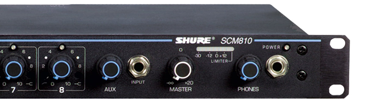 Front panel of the Shure SCM810 8-channel automatic mixer