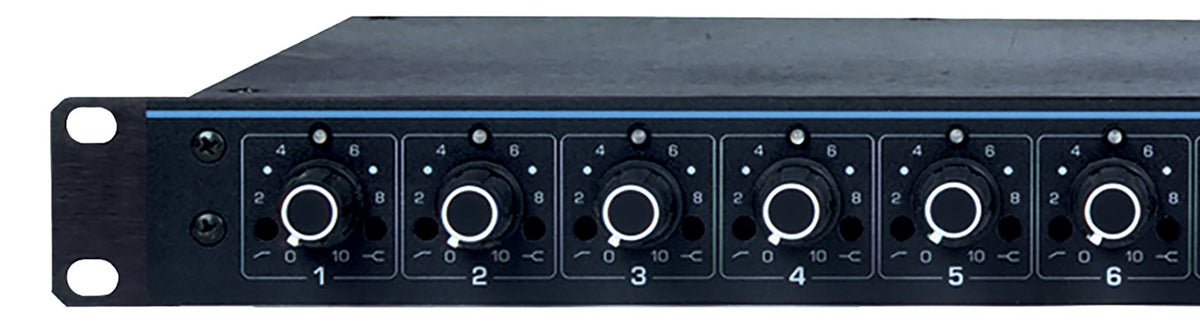 Channel controls on the front panel of the Shure SCM800 8-channel microphone mixer
