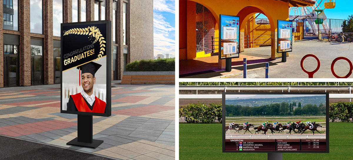 LG XE3P outdoor displays at a campus entrance, a plaza and a racecourse