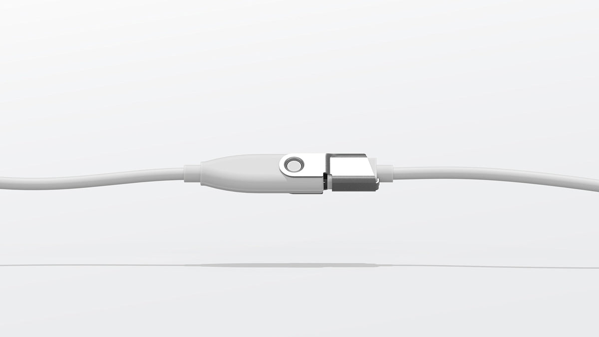 Logitech Rally Mic Pod Extension Cable joined to a Rally Mic Pod cable with its retention connector