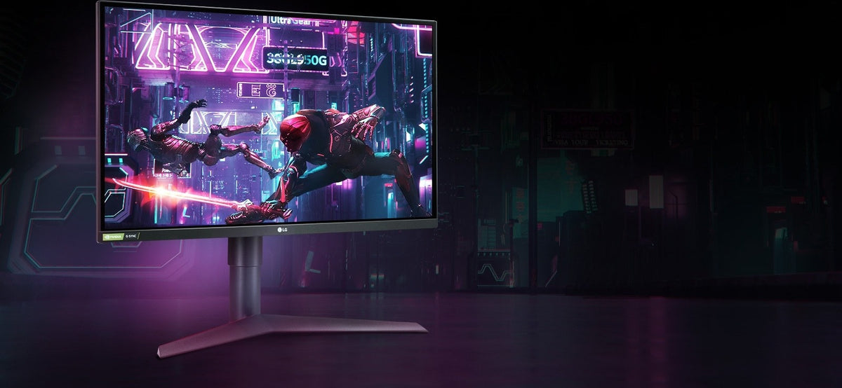 LG UltraGear 27GL83A-B monitor on its stand showing a game scene