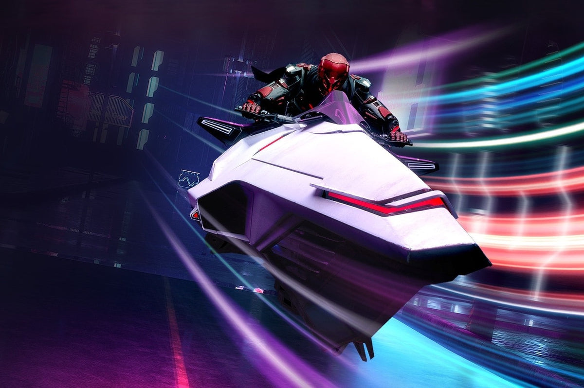 Fast motion game scene of a rider on a hover bike, from LG's 27GL83A-B page