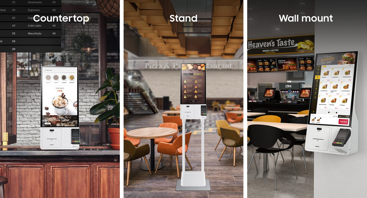 Samsung KM24A kiosk shown on a counter, on a floor stand and on a wall in restaurants
