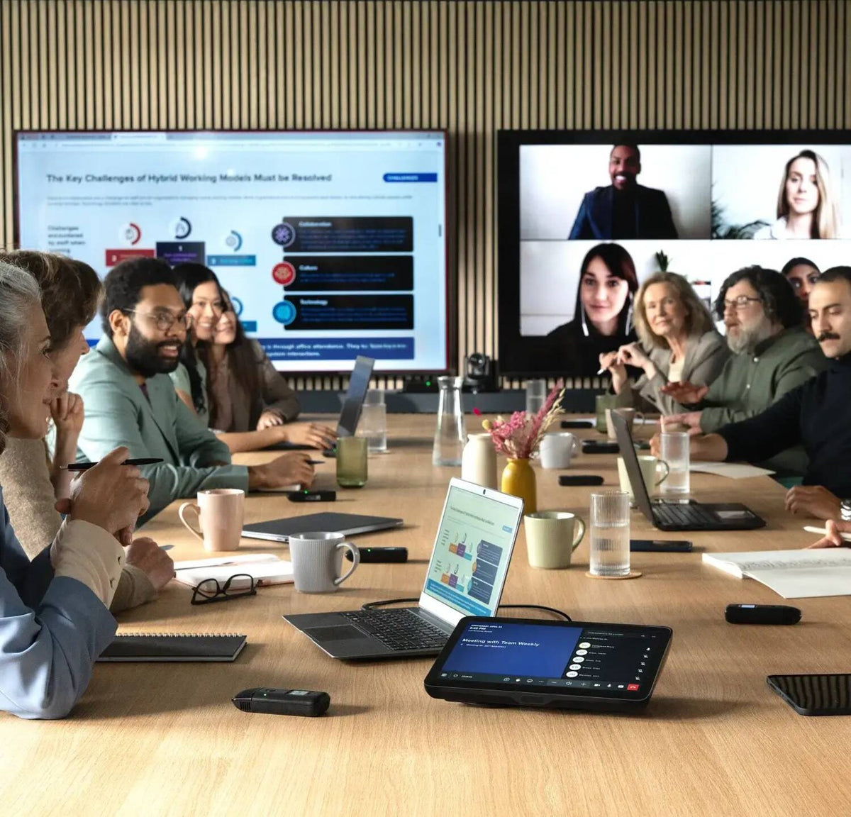 Hybrid meeting with a Shure IntelliMix touch panel on the boardroom table and remote participants on screen