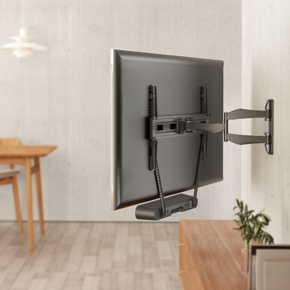 Display on a VSYS full-motion wall arm with a VSSB-49 soundbar bracket below