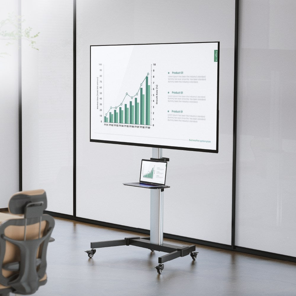 VSYS VFS44-46TW mobile cart with a display and laptop shelf in a meeting room