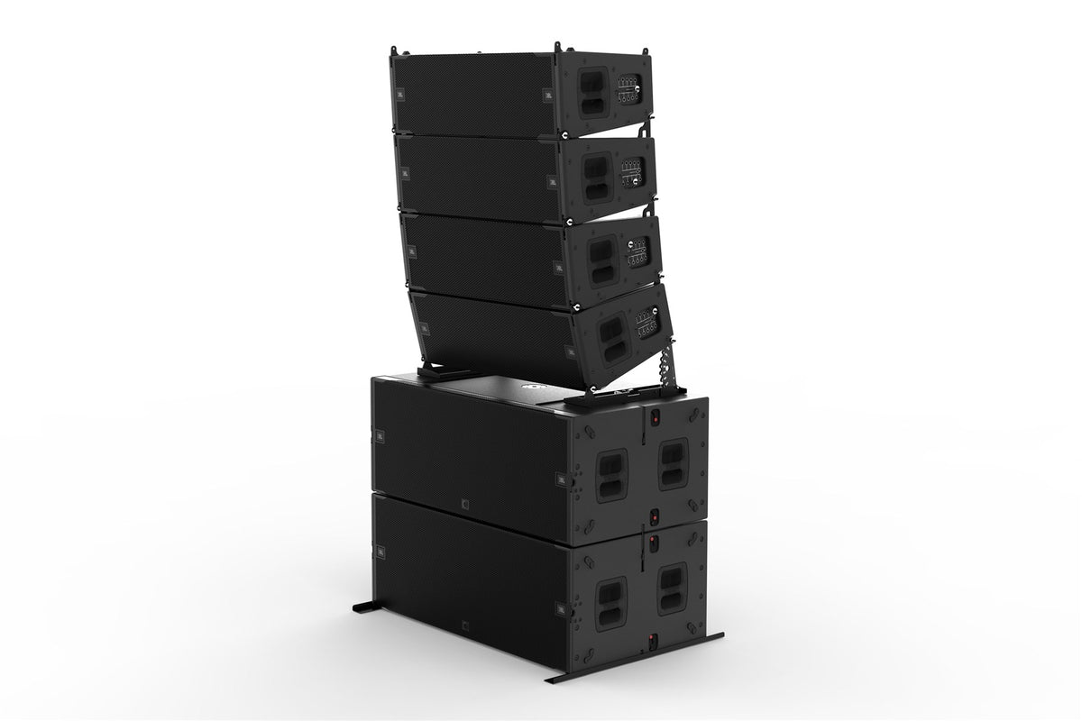 JBL VTX A12 line array ground-stacked on two VTX B28 subwoofers with base plate