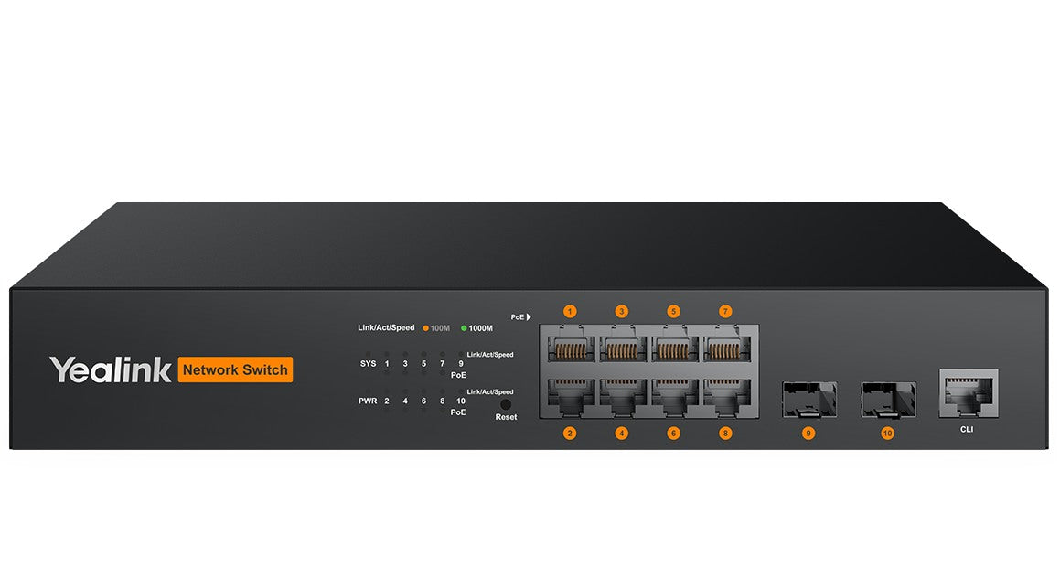 Front panel of the Yealink RCH80 PoE switch with eight network ports and two SFP ports
