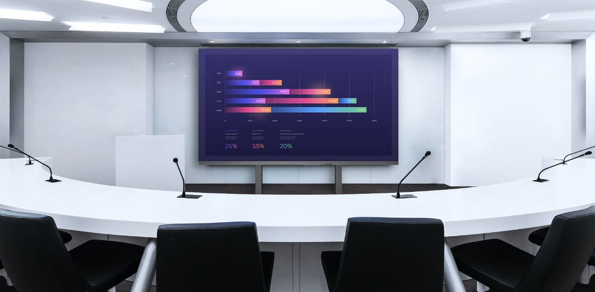 Meeting room with a curved table and a large display showing a shared chart