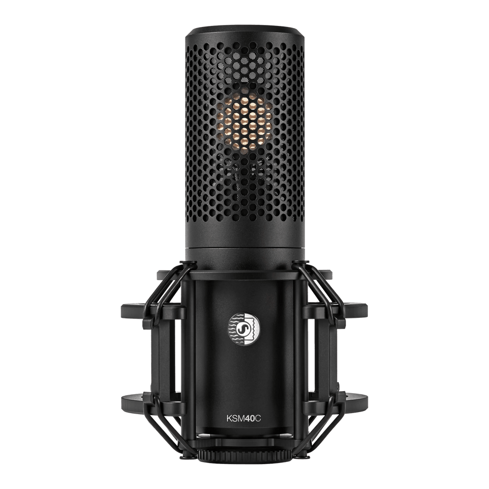 Shure KSM40C large diaphragm condenser microphone in shock mount, front view