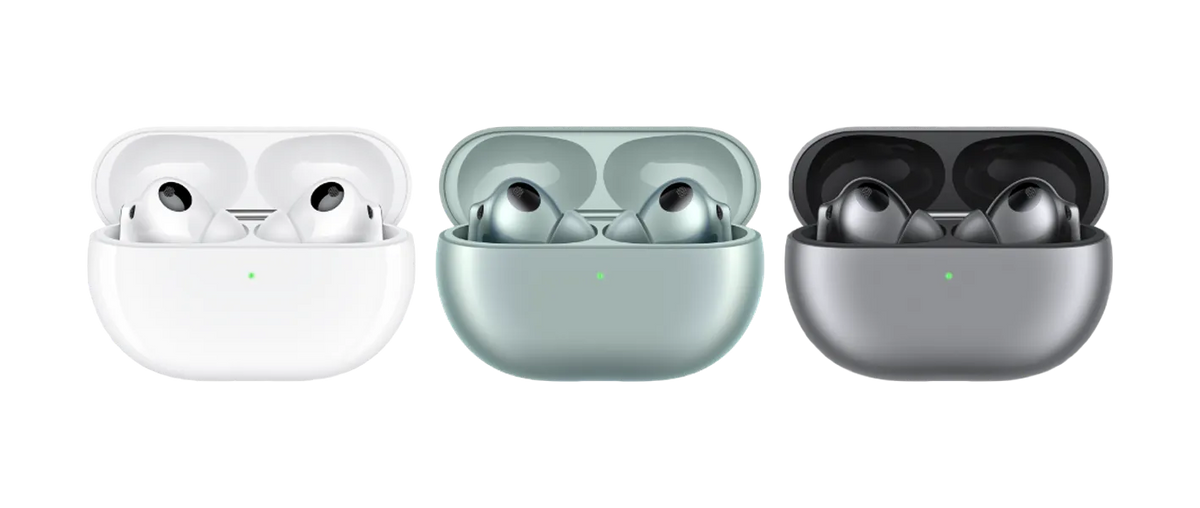 FreeBuds Pro 3 wireless earbuds in white, green, and gray cases.