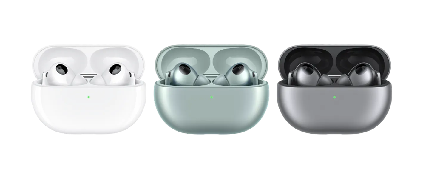 FreeBuds Pro 3 wireless earbuds in white, green, and gray cases.