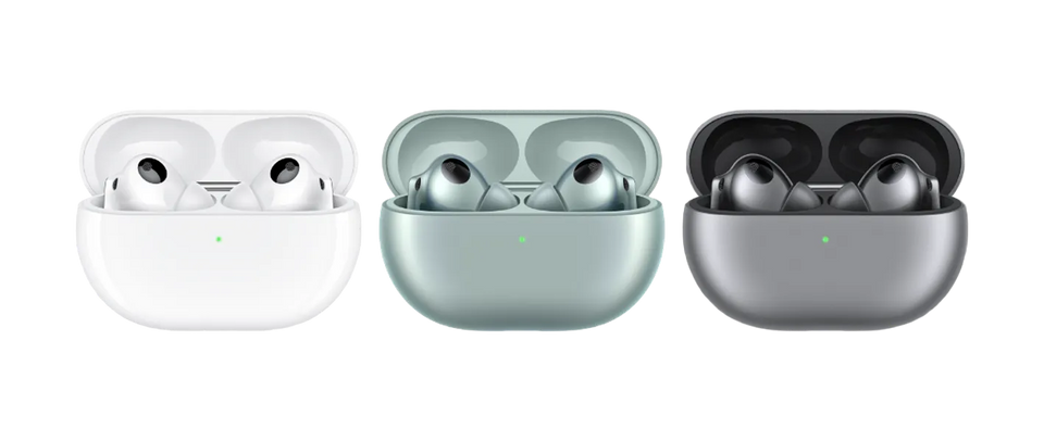 FreeBuds Pro 3 wireless earbuds in white, green, and gray cases.